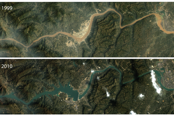 Aerial of Three Gorges Dam in 1999 versus 2003