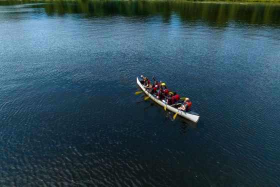 Aerial of YALI participants canoeing on the Connecticut River