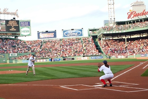 Jim Wright throws in the first pitch at Fenway Park.