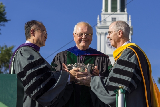 Former President Jim Kim, former President Jim Wright, and President Phil Hanlon at commencement.