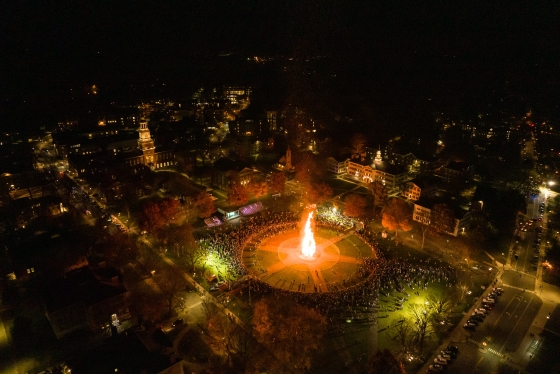 Aerial view of the Green during the Homecoming bonfire.