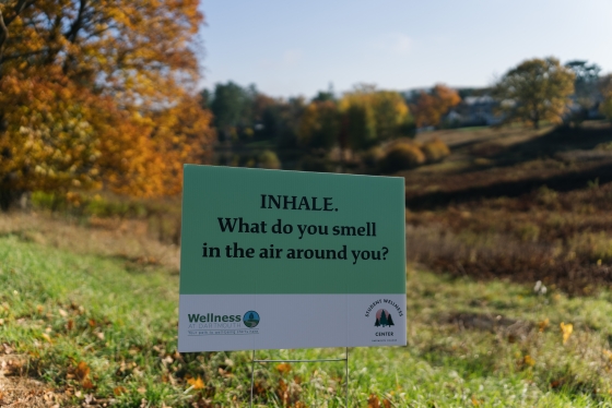 Sign reading &quot;INHALE: What do you smell in the air around you?&quot;