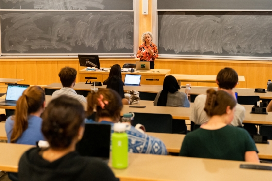 A woman giving a lecture to students