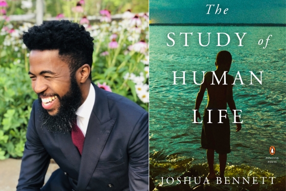 Joshua Bennett portrait and his book cover &quot;The Study of Human Life&quot;