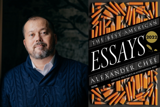 Alexander Chee and his book cover &quot;The Best American Essays&quot;