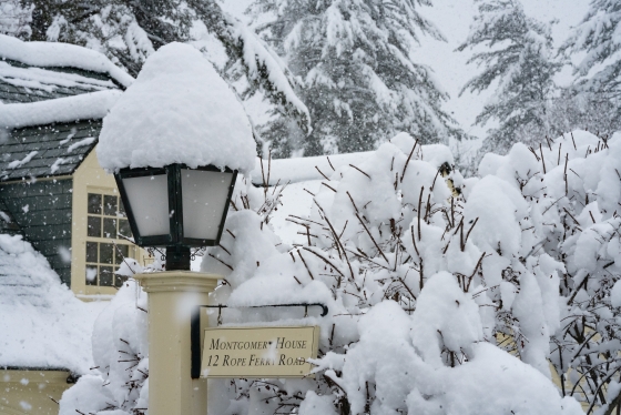 The Montgomery House lamp post layered with snow