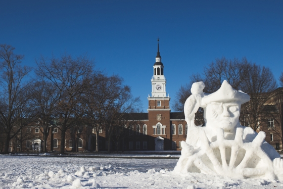 Pirate and parrot snow sculpture in front of Baker library