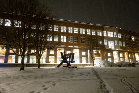 Winter scene behind Baker-Berry Library