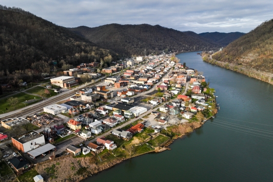 Aerial view of the town of Montgomery based under a mountain and on a river