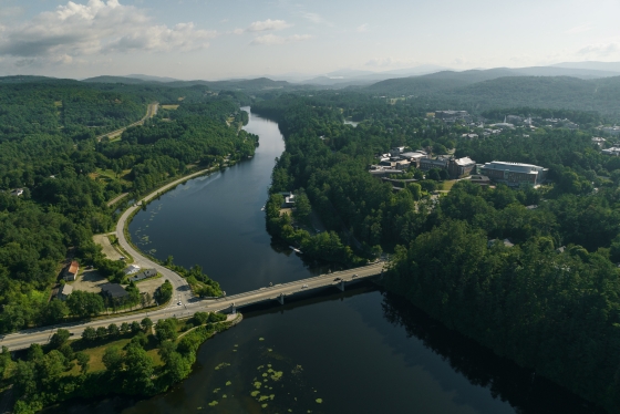 Aerial view of the Connecticut River and West End of Dartmouth campus.