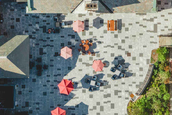 View of a patio on campus from the sky