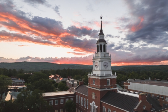 The sunset behind Baker Tower