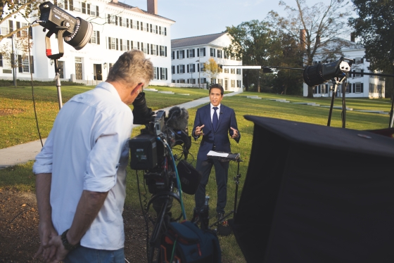 Sanjay Gupta broadcasting at Dartmouth for CNN