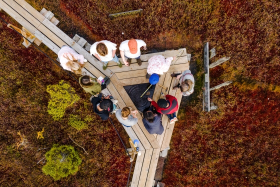 Aerial of students taking water samples