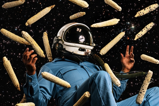 Floating astronaut surrounded by corn cobs
