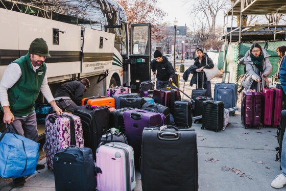 Suitcases outside the Dartmouth Coach