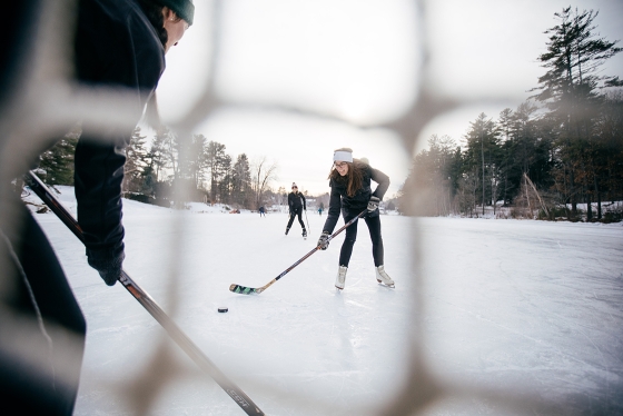 Occom Pond skater shoots at a hockey goal