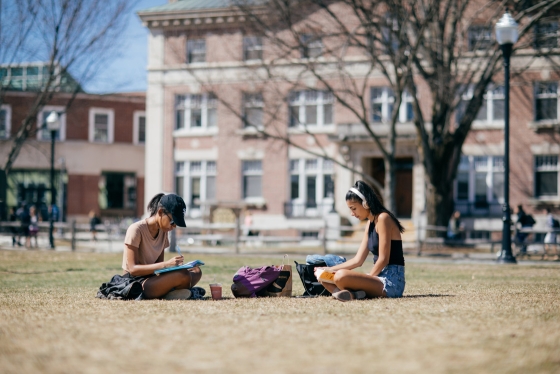 Students sit on the Green in spring