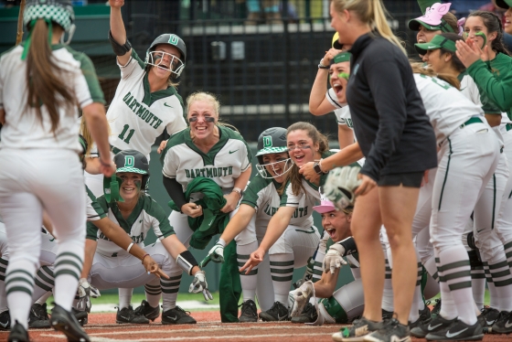A player approaches home plate in a Dartmouth softball game