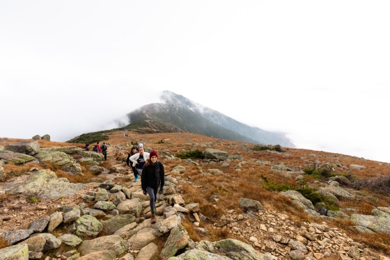 Students hike up Franconia Ridge in the White Mountains