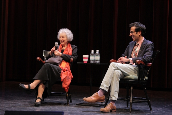 Margaret Atwood and Sonu Bedi sit onstage