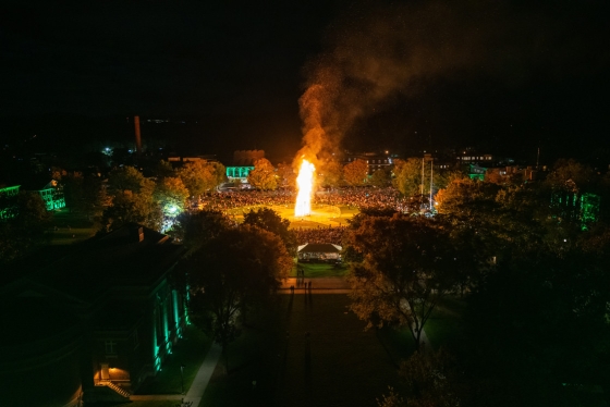 An aerial view of the bonfire on Dartmouth Night.