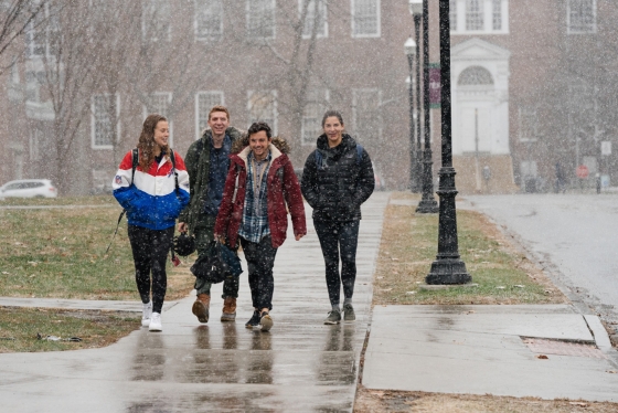 Four students walk down a sidewalk during the term's first snow.