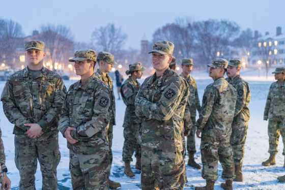 From left, members of Dartmouth College's Reserve Officers Training Corps (ROTC), Logan Lukenda '22, Charles Fenn '22, and Kris Hammon '22, await the start of the flag drill and retreat ceremony on Nov. 11.