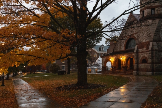 Rollins Chapel at dusk after a rain