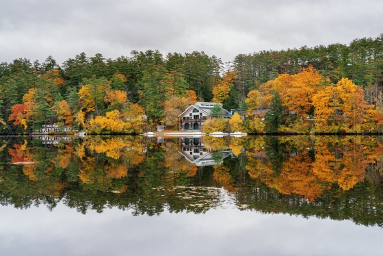 Rowing Boathouse and foliage reflected in the Connecticut River.