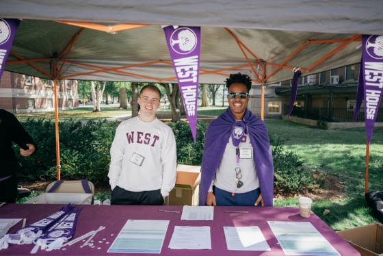 West House Resident Fellows Cory Cline, Thayer '19, left, and Jamie Garden, right, greet new students during the House Community Welcome on Sept. 10.