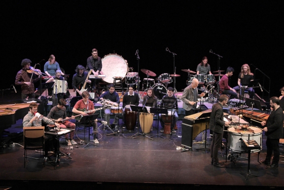 Students from Dartmouth’s Contemporary Music Laboratory and Percussion Studio perform with Sō Percussion, a multi-genre experimental percussion ensemble, at the Hopkins Center for the Arts Sunday, April 28.