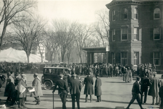 Memorial Field and its new stadium were dedicated during 1923's Dartmouth Night ceremonies. The corner of Main St. and East Wheelock St. was a busy one earlier that afternoon as alumni and other well-wishers flooded into Hanover. 