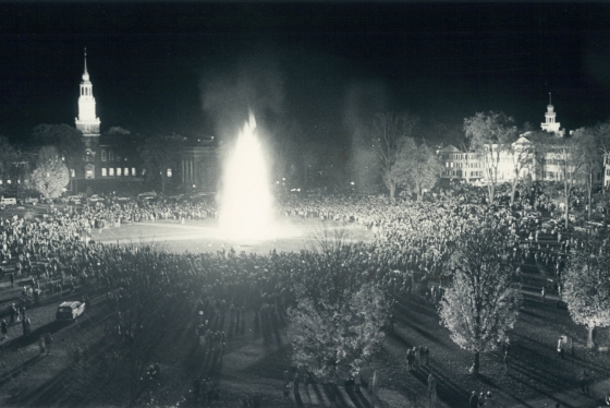 A view of 1975's Dartmouth Night bonfire from the southwest corner of the Green.