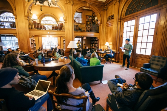 Poetry reading in the Wren Room of Sanborn Library