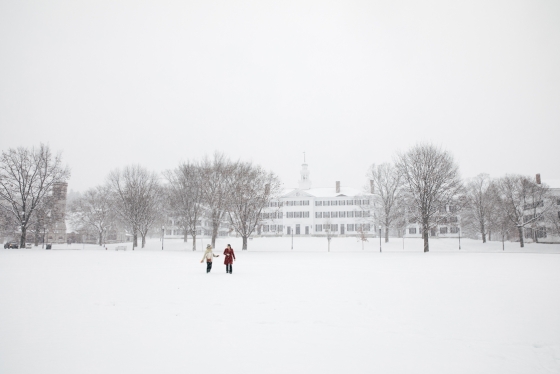 Students crossing the Green in a snowstorm