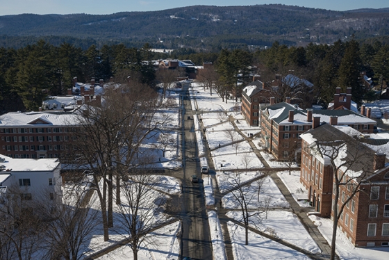 an aerial shot of campus in winter