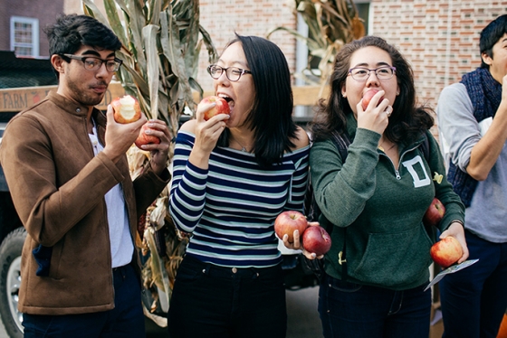 four students standing next to each other eating apples