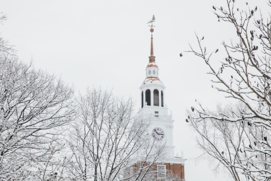 the top of Baker Tower surrounded by snow covered trees