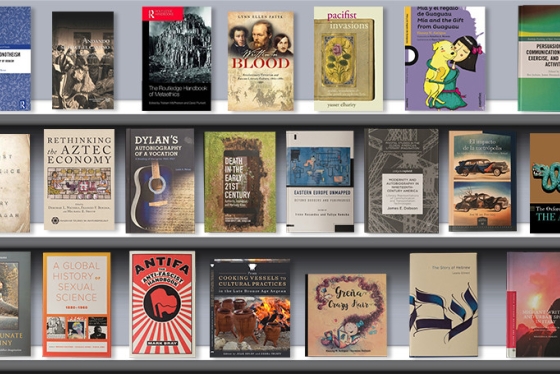 A selection of humanities faculty books celebrated at a Leslie Center reception.