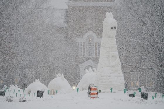 A large snow sculpture of the lochness monster on the Dartmouth green