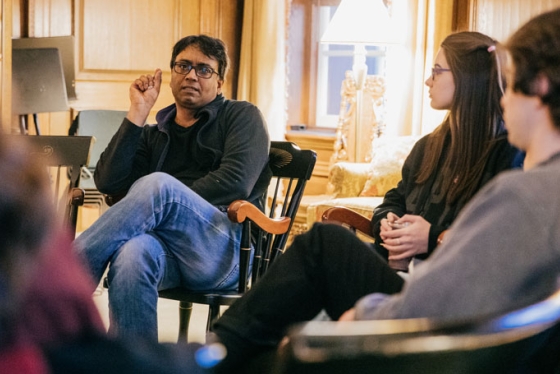 Novelist and Montgomery Fellow Zia Haider Rahman talks with English and creative writing students