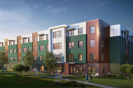 An architectural rendering shows the planned apartment complex, which is expected to open in August 2022.