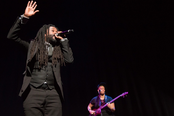The Rev. Osagyefo Uhuru Sekou and singer-songwriter Jay-Marie Hill performing in Moore Theater