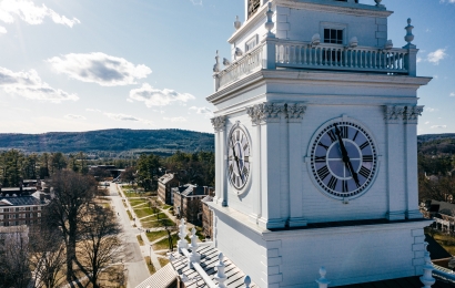 Drone view of Dartmouth campus from the Baker-Berry tower clock