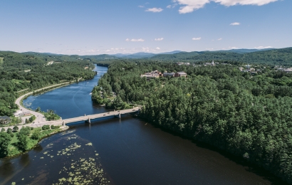 Connecticut River and Ledyard Bridge from above in summertime