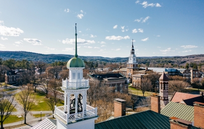An aerial view of the top of Dartmouth Hall looking out across campus.
