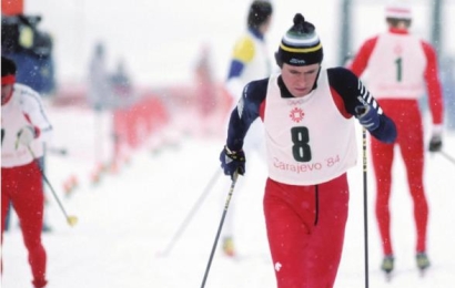 Tim Caldwell '76 competes in a cross-country relay race at the 1984 Olympics in Sarajevo.