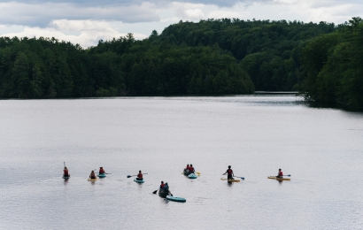 Aerial of a group of paddlers out on the Connecticut