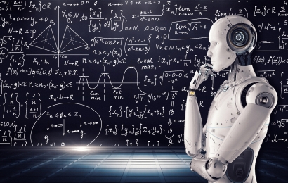 Robot in front blackboard of mathematical equations